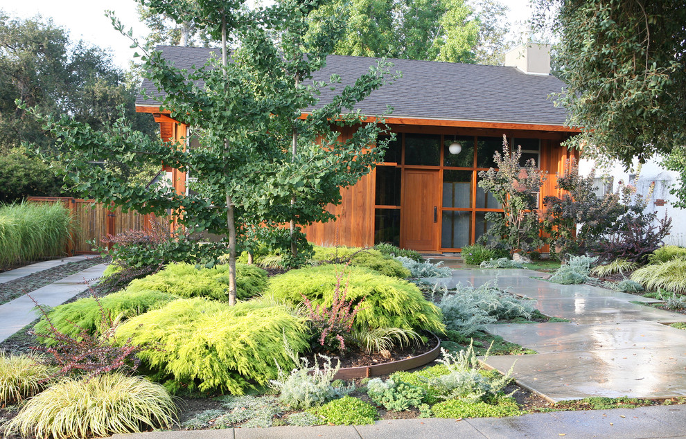 Modelo de fachada marrón de estilo zen de tamaño medio de una planta con revestimiento de madera y tejado a dos aguas