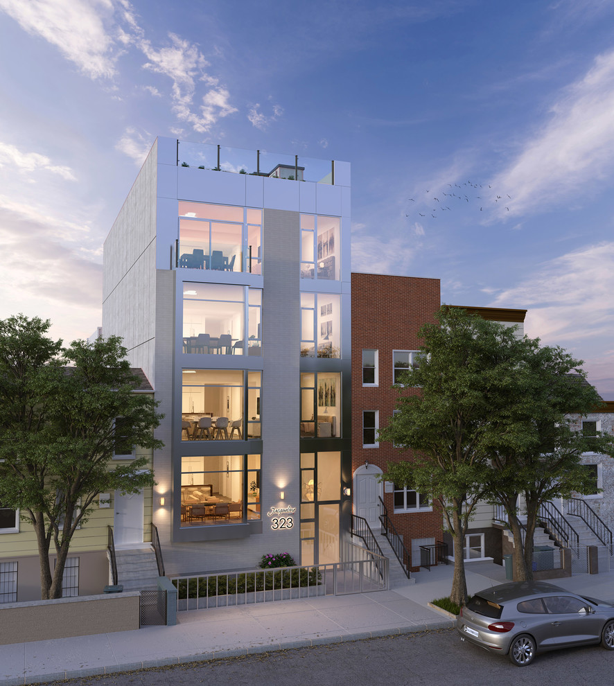 Ispirazione per la facciata di un appartamento beige moderno a tre piani di medie dimensioni con rivestimento in mattoni, tetto piano e copertura in tegole