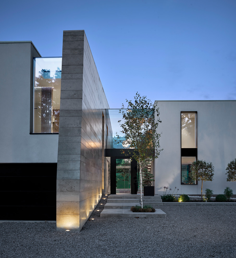 Cette image montre une façade de maison grise design en stuc avec un toit plat.
