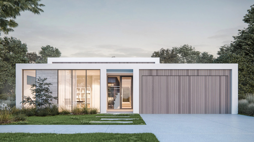 Свежая идея для дизайна: одноэтажный, деревянный, белый частный загородный дом среднего размера в современном стиле с плоской крышей и металлической крышей - отличное фото интерьера