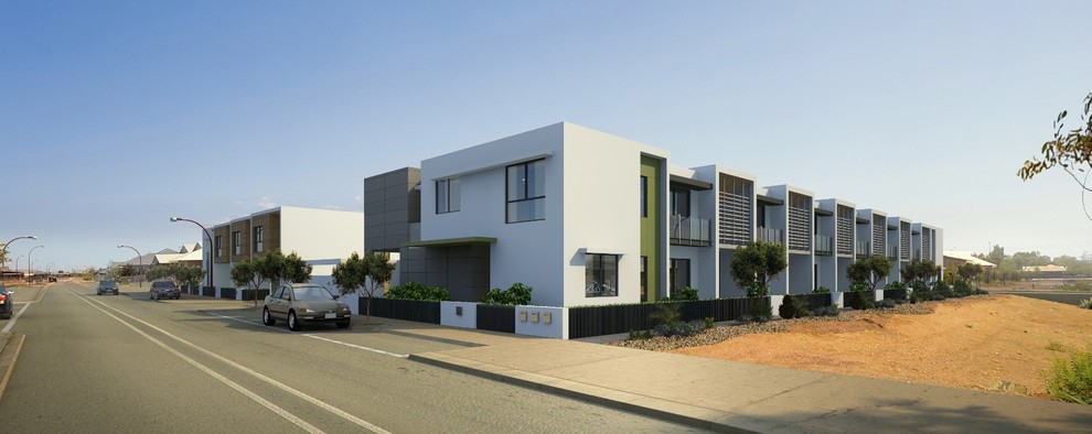 Свежая идея для дизайна: двухэтажный, серый дом в современном стиле с комбинированной облицовкой - отличное фото интерьера
