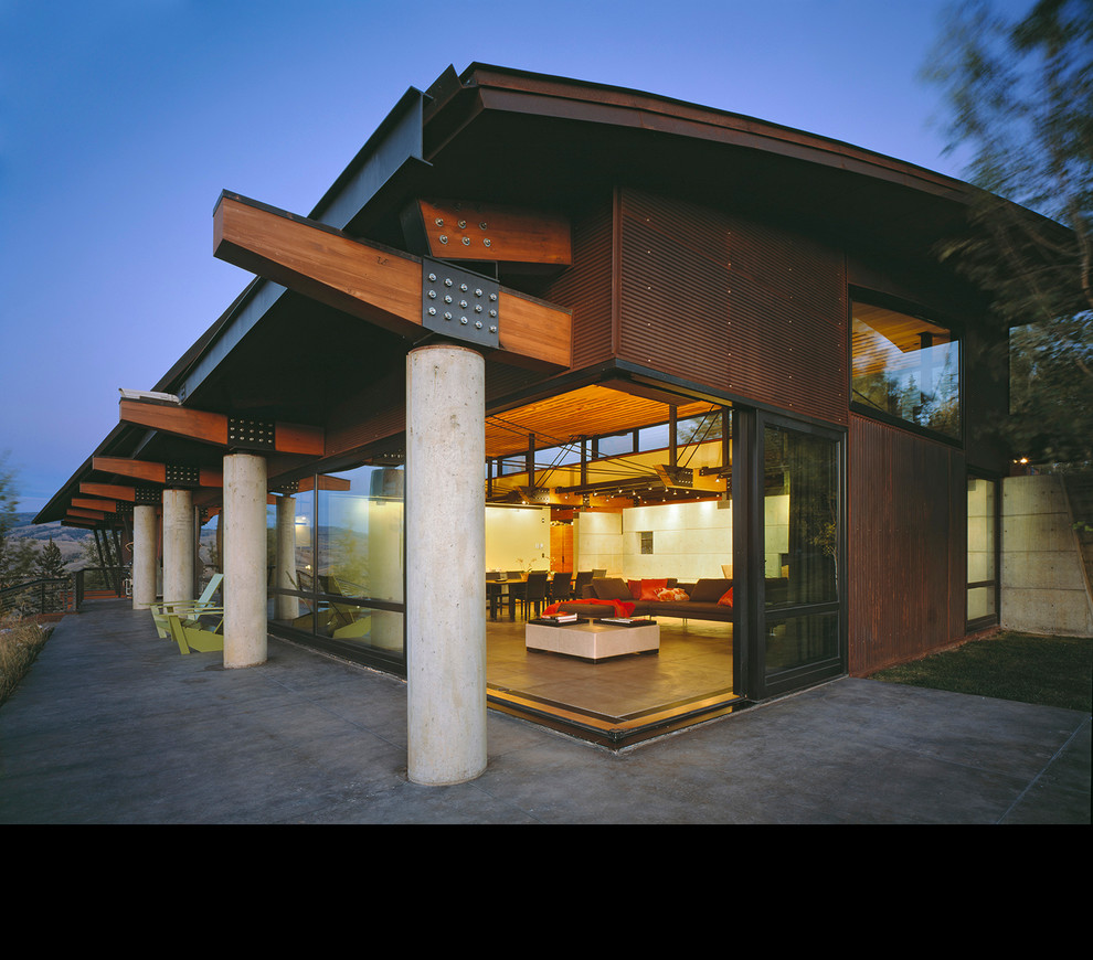 Пример оригинального дизайна: большой, двухэтажный, коричневый частный загородный дом в современном стиле с облицовкой из металла
