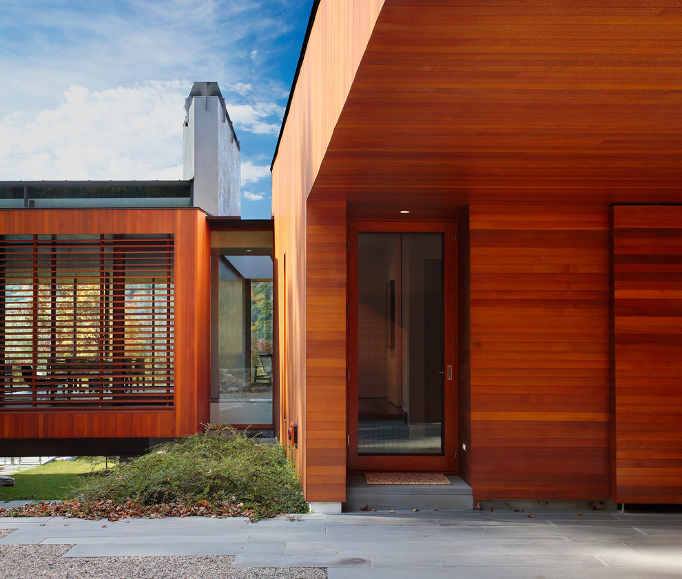 Modern house exterior in Bridgeport with wood cladding.