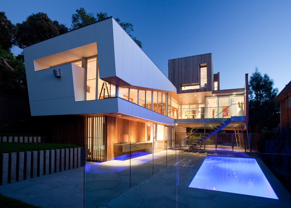 Mittelgroßes, Dreistöckiges Modernes Haus mit Mix-Fassade und Flachdach in Melbourne