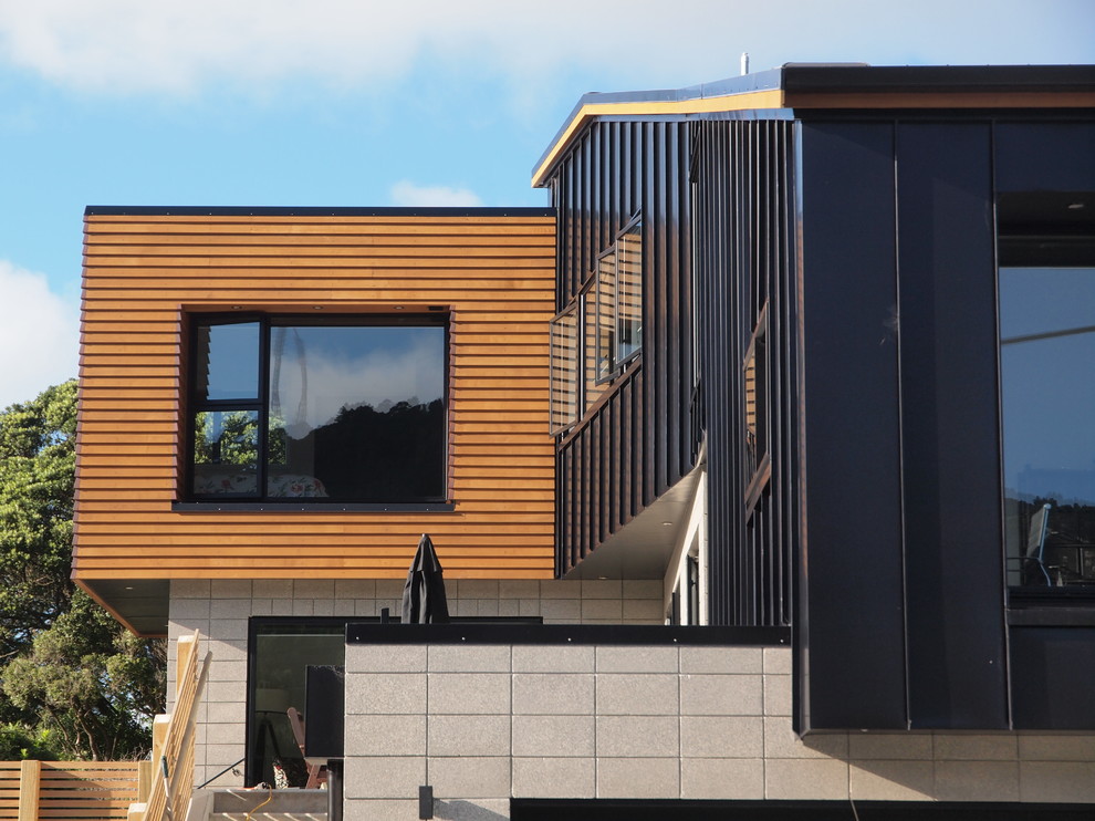 Idee per la facciata di una casa nera contemporanea a due piani di medie dimensioni con rivestimento in metallo