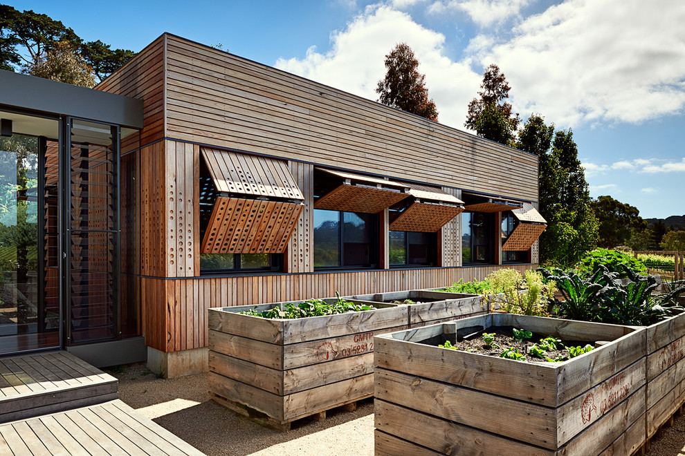 Mittelgroße, Einstöckige Moderne Holzfassade Haus mit beiger Fassadenfarbe und Pultdach in Melbourne