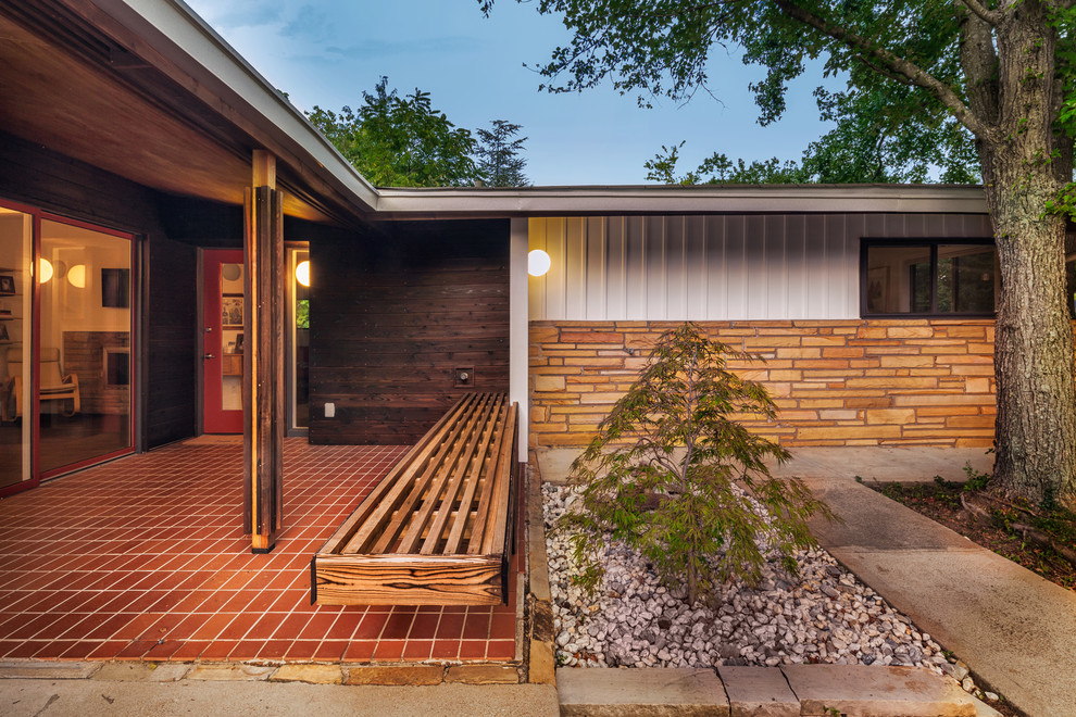 Mid-sized 1950s white one-story wood exterior home photo in St Louis with a shingle roof