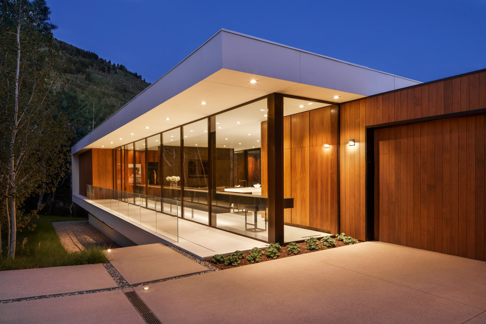 Idee per la villa grande bianca contemporanea a due piani con rivestimento in legno e tetto piano