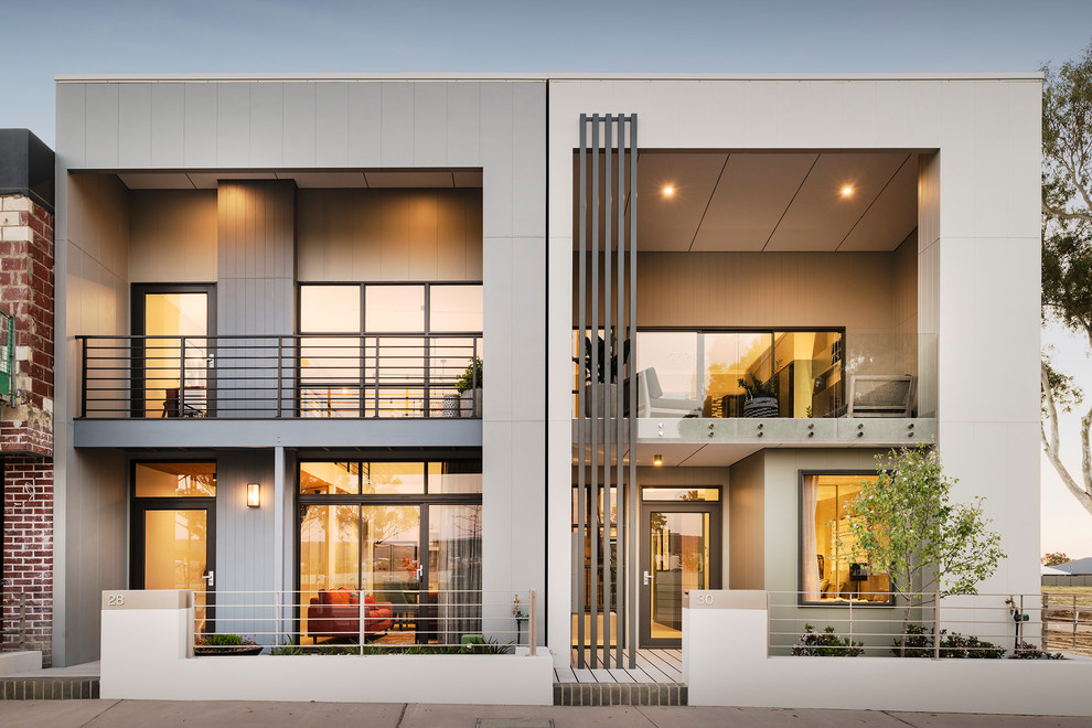 Idee per la facciata di una casa a schiera grigia contemporanea a due piani con tetto piano