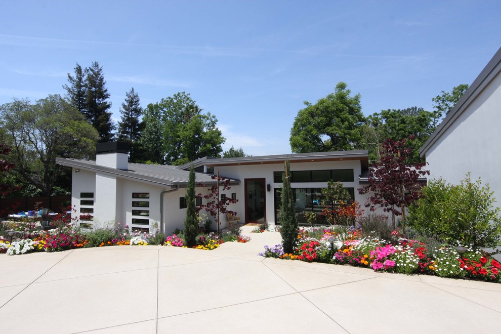 Großes, Einstöckiges Modernes Haus mit Putzfassade, weißer Fassadenfarbe und Flachdach in Los Angeles