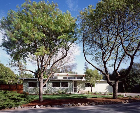 Cette photo montre une grande façade de maison verte moderne en bois de plain-pied.