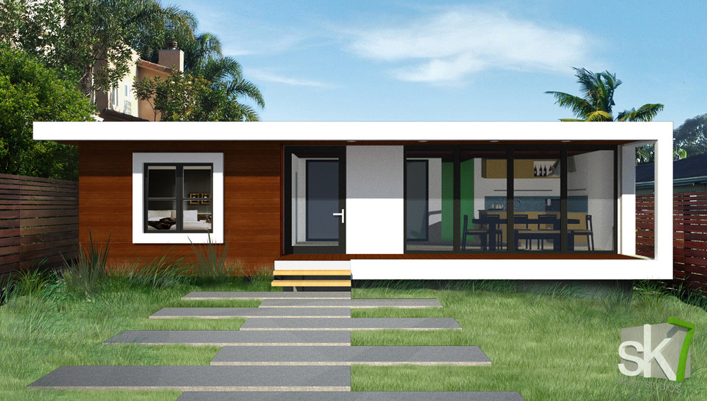 Photo of a small and white contemporary bungalow house exterior in San Diego with mixed cladding and a flat roof.