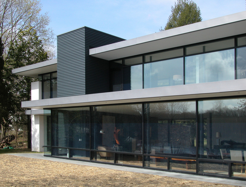Ejemplo de fachada de casa gris minimalista grande de dos plantas con revestimiento de hormigón y tejado plano
