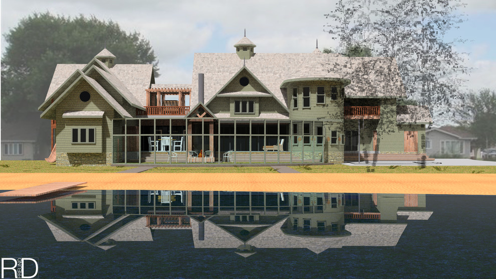 Diseño de fachada bohemia de tamaño medio de tres plantas con tejado a dos aguas