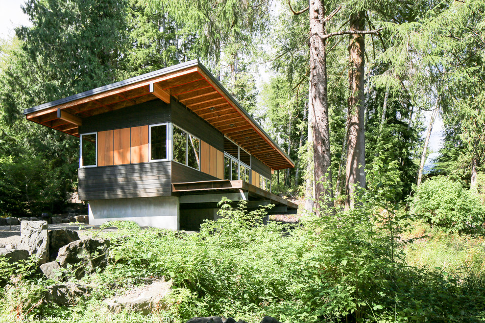 Идея дизайна: разноцветный частный загородный дом в стиле рустика с односкатной крышей и комбинированной облицовкой