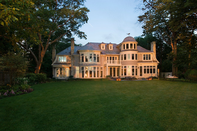 Lake Side Elevation of Cape Cod Stone and Shingle Style House 