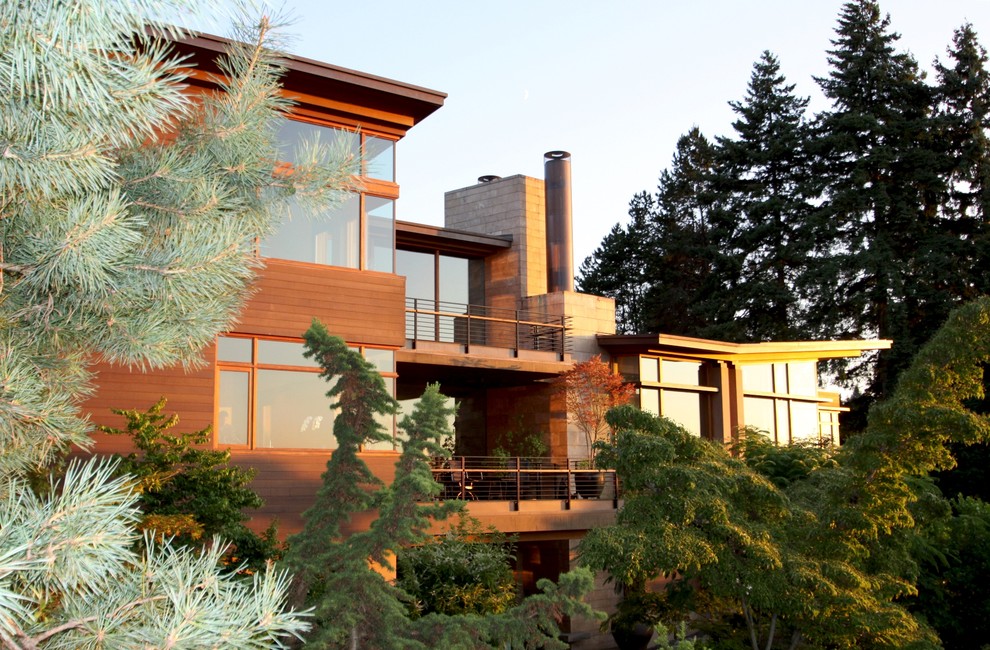 Стильный дизайн: огромный, трехэтажный, деревянный, коричневый дом в современном стиле с односкатной крышей - последний тренд