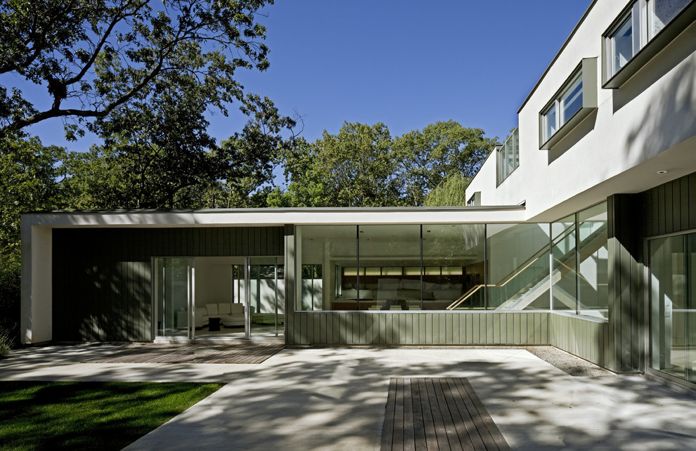 Contemporary house exterior in New York with wood cladding.