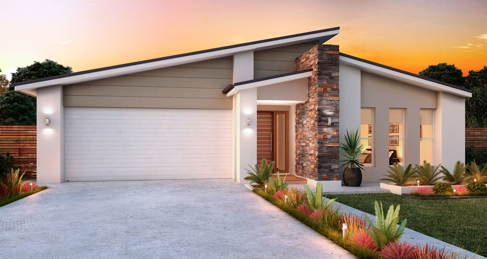 Design ideas for a medium sized and beige contemporary bungalow house exterior in Other with concrete fibreboard cladding and a lean-to roof.