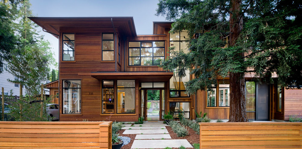 This is an example of a contemporary house exterior in San Francisco with wood cladding.