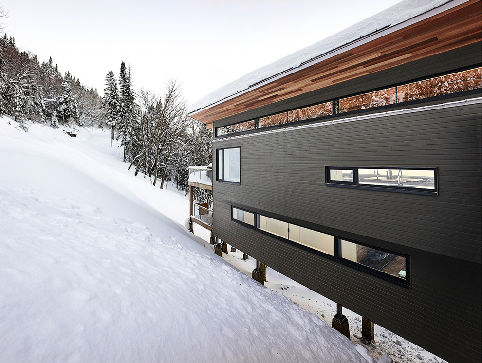 Idées déco pour une façade de maison noire contemporaine en bois de taille moyenne et à un étage avec un toit plat.