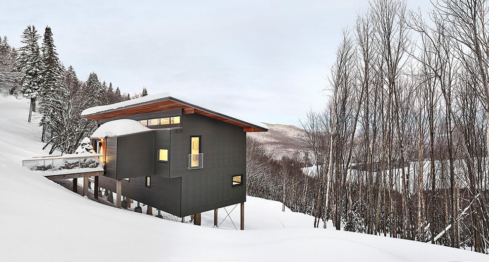 Inspiration pour une grande façade de maison grise minimaliste à un étage avec un revêtement mixte, un toit en appentis et un toit en métal.