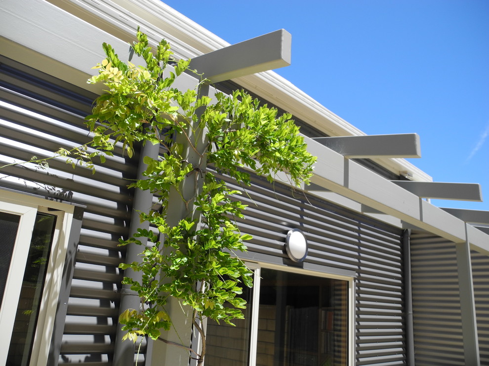 Пример оригинального дизайна: одноэтажный, серый дом среднего размера в современном стиле с облицовкой из металла и двускатной крышей