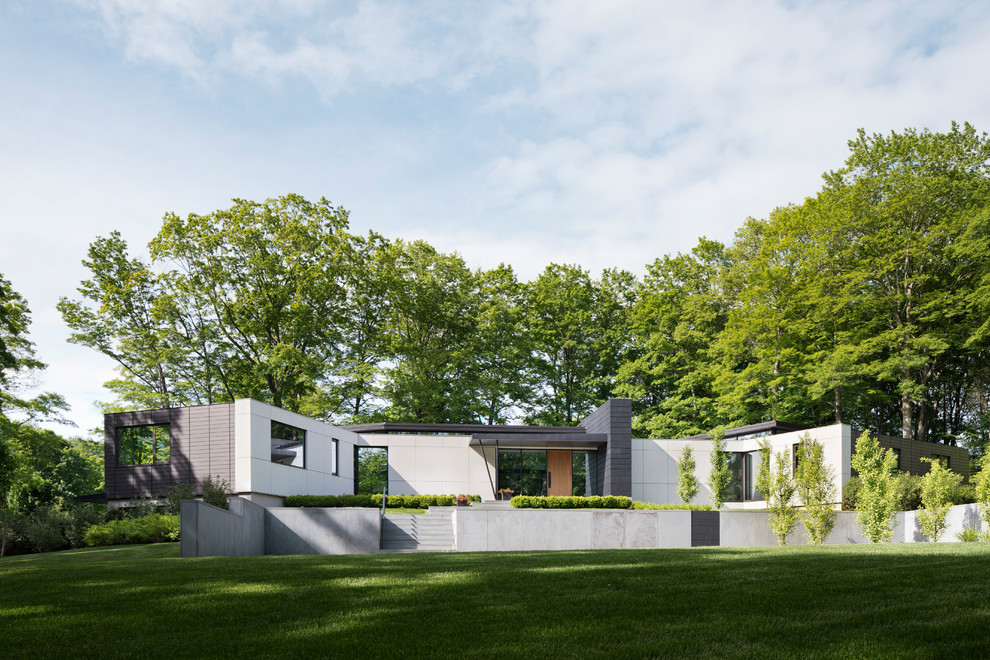 Modelo de fachada de casa multicolor moderna de tamaño medio de una planta con revestimientos combinados y tejado plano
