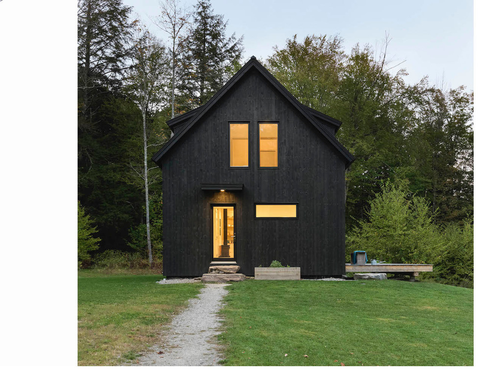 Immagine della villa piccola nera scandinava a due piani con rivestimento in legno, tetto a capanna e copertura in metallo o lamiera