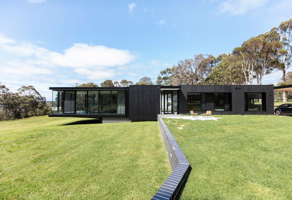 Cette image montre une façade de maison noire minimaliste en bois.