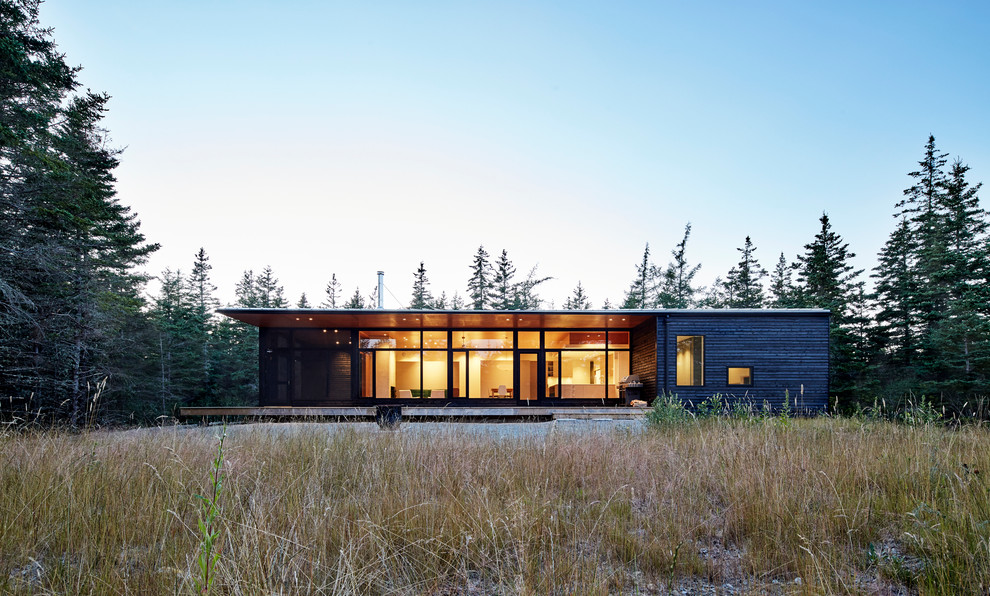 Cette photo montre une façade de maison noire moderne en bois de taille moyenne et de plain-pied avec un toit plat.