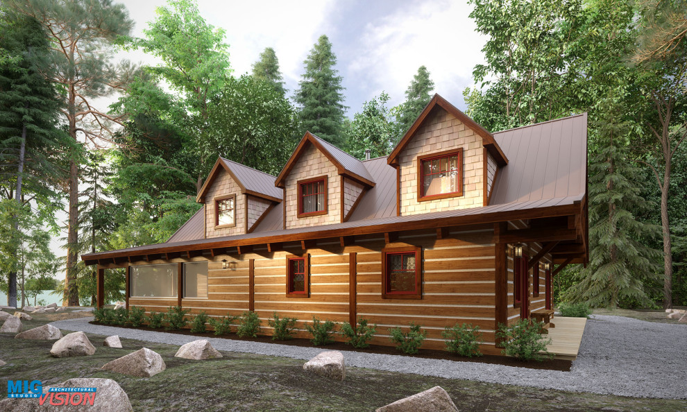 Стильный дизайн: двухэтажный, деревянный, бежевый частный загородный дом среднего размера в классическом стиле с металлической крышей - последний тренд