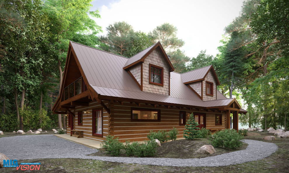 Modelo de fachada de casa beige tradicional de tamaño medio de dos plantas con revestimiento de madera y tejado de metal