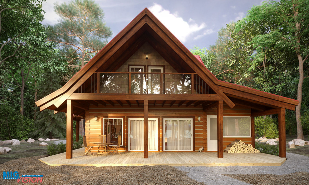 Idées déco pour une façade de maison beige classique en bois de taille moyenne et à un étage avec un toit en métal.