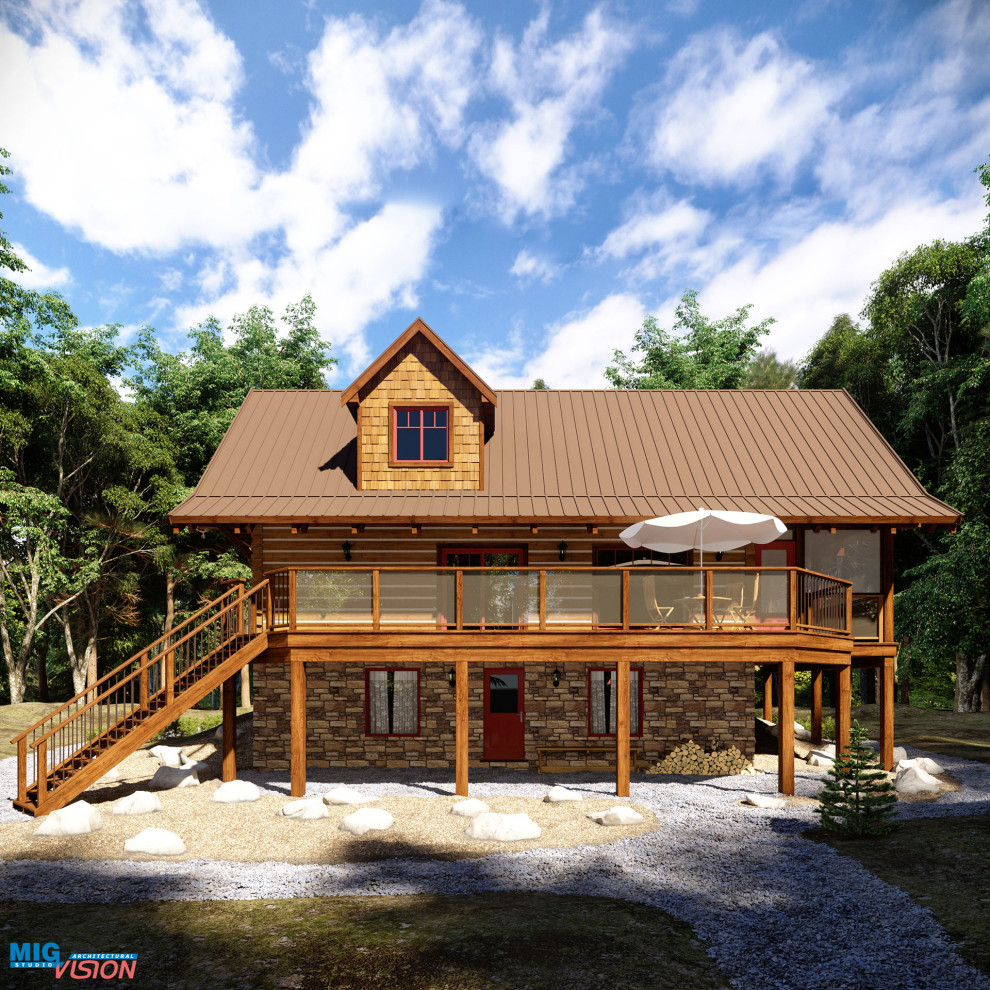 Inspiration pour une façade de maison beige traditionnelle en bois de taille moyenne et à un étage avec un toit en métal.