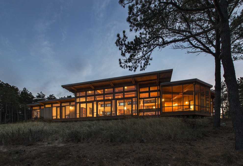 Mid-sized minimalist brown one-story wood exterior home photo in Boston