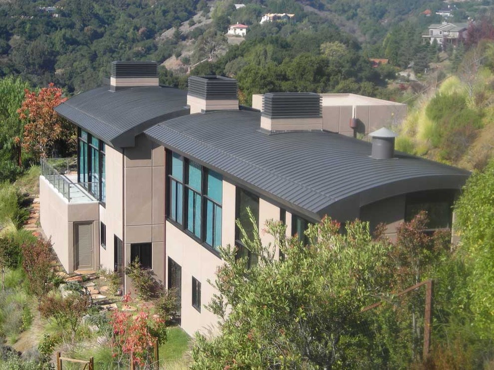 Cette image montre une façade de maison design à un étage avec un toit en métal.