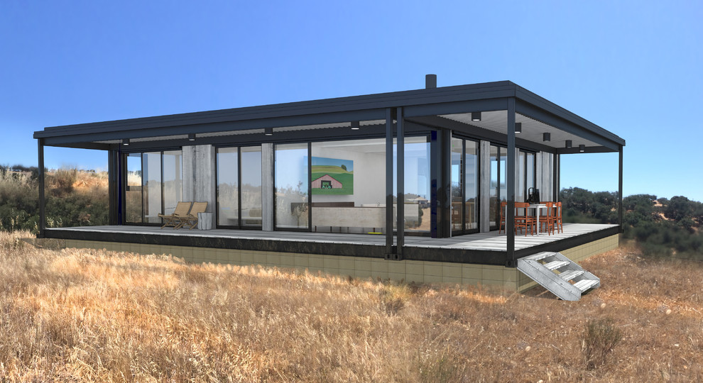 Mittelgroße, Einstöckige Moderne Holzfassade Haus mit grauer Fassadenfarbe und Flachdach in Los Angeles