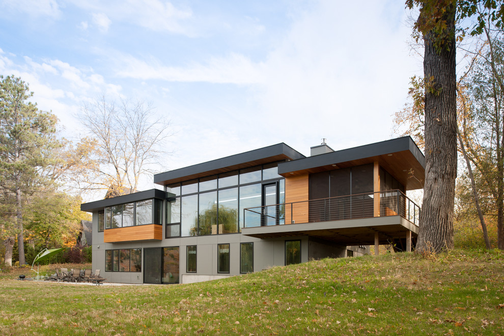 Contemporary wood exterior home idea in Minneapolis