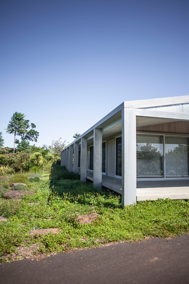 Diseño de fachada de casa gris de estilo de casa de campo de tamaño medio de una planta con revestimiento de madera, tejado a dos aguas y tejado de metal