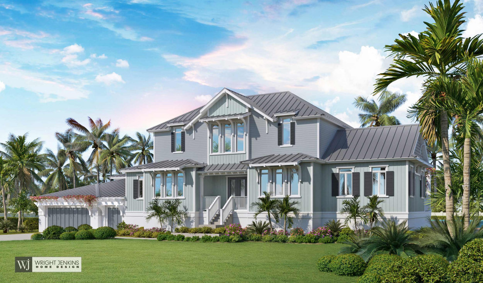 Idee per la villa grande blu stile marinaro a due piani con rivestimenti misti, tetto a capanna e copertura in metallo o lamiera