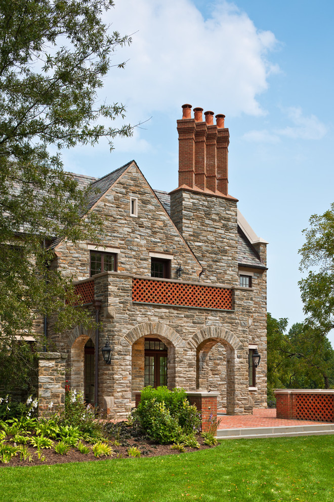Inspiration for an expansive and gey classic two floor house exterior in Philadelphia with stone cladding.