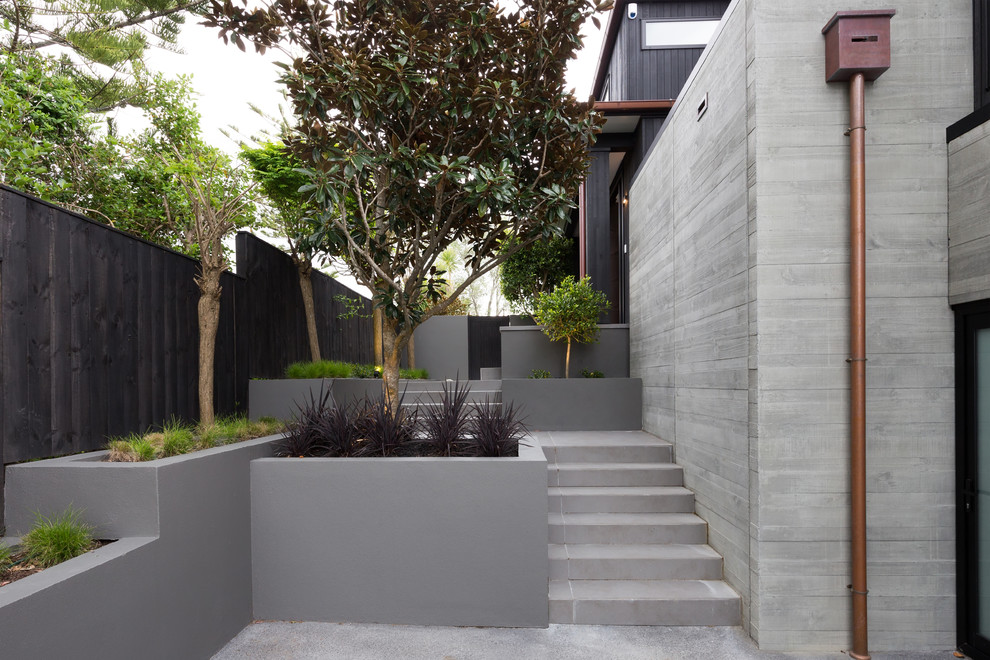 This is an example of a medium sized and black contemporary house exterior in Auckland with three floors and wood cladding.