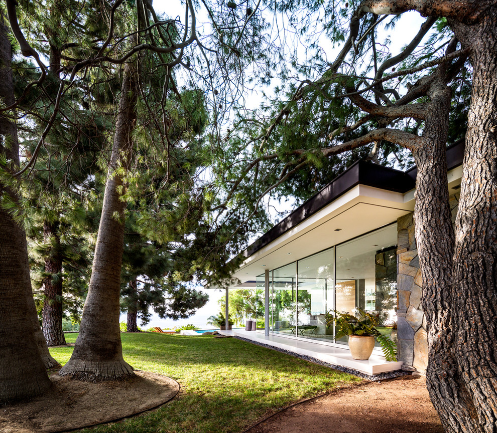 Inspiration pour une grande façade de maison multicolore vintage en verre de plain-pied avec un toit plat.