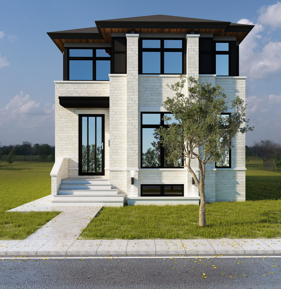 Идея дизайна: двухэтажный, кирпичный дом в стиле неоклассика (современная классика)