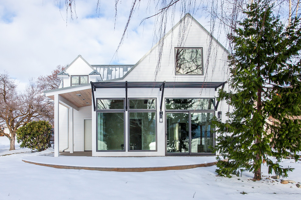 Идея дизайна: маленький, двухэтажный, белый дом в стиле кантри с облицовкой из ЦСП и односкатной крышей для на участке и в саду