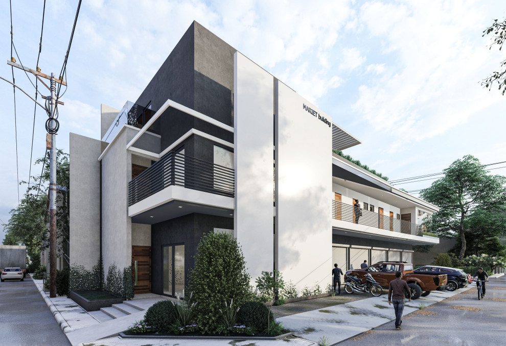Diseño de fachada de piso gris moderna grande de tres plantas con revestimiento de vidrio, tejado plano y tejado de varios materiales