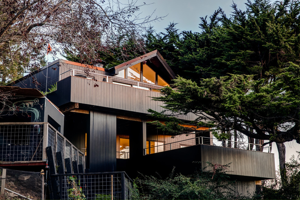 Große, Zweistöckige Moderne Holzfassade Haus mit brauner Fassadenfarbe in San Francisco