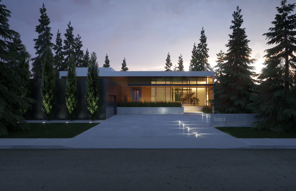 Mittelgroßes, Zweistöckiges Modernes Haus mit Mix-Fassade, weißer Fassadenfarbe und Flachdach in Edmonton