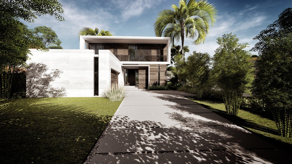 Inspiration för mellanstora moderna grå hus, med två våningar och halvvalmat sadeltak